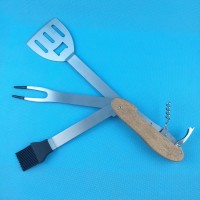 wood handle detachable foldable BBQ tools, 5 in 1 multi-tool, camping grill tool